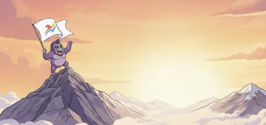 Gori, A bearded purple gorilla with glasses, holding a flag at the top of a mountain during dawn